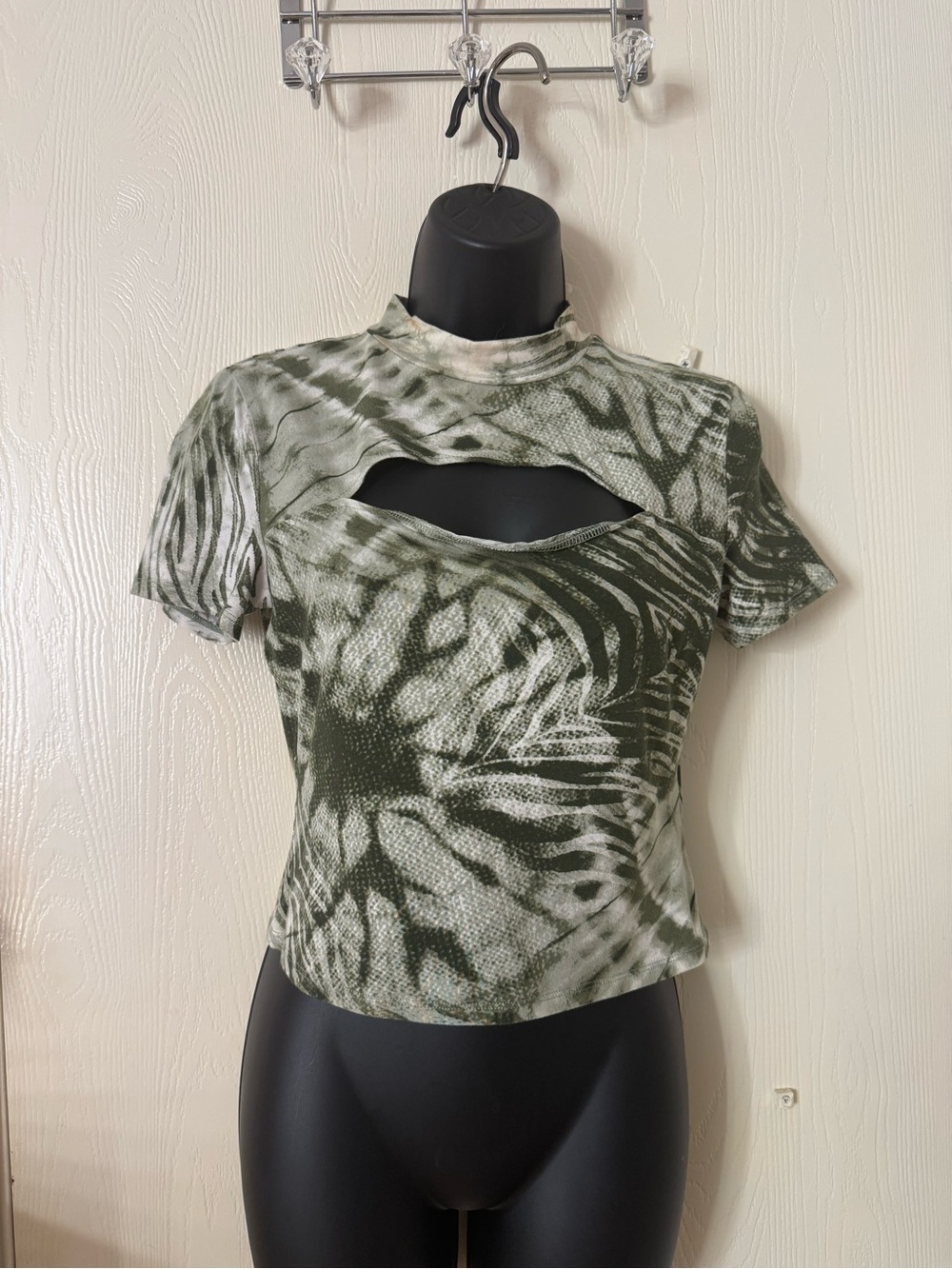 Guess Olive Green Tie-Dye Cutout Crop Top